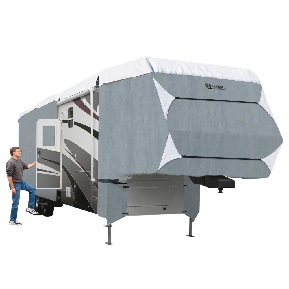 Classic Accessories Over Drive Polypro3 Deluxe 5Th Wheel Cover Or Toy Hauler Cover, Fits 29' - 33' Rvs, Universal Camper Cover, Grey/Snow White