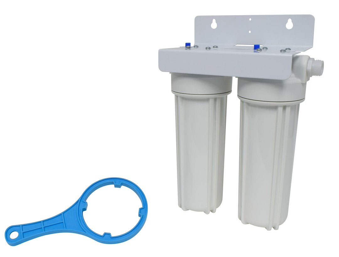 Valterra A01-1139 Exterior Filter System, Dual Housing With Sediment Pre-Filter, Advanced Carbon Block Cartridge, Wall Bracket And Wrench
