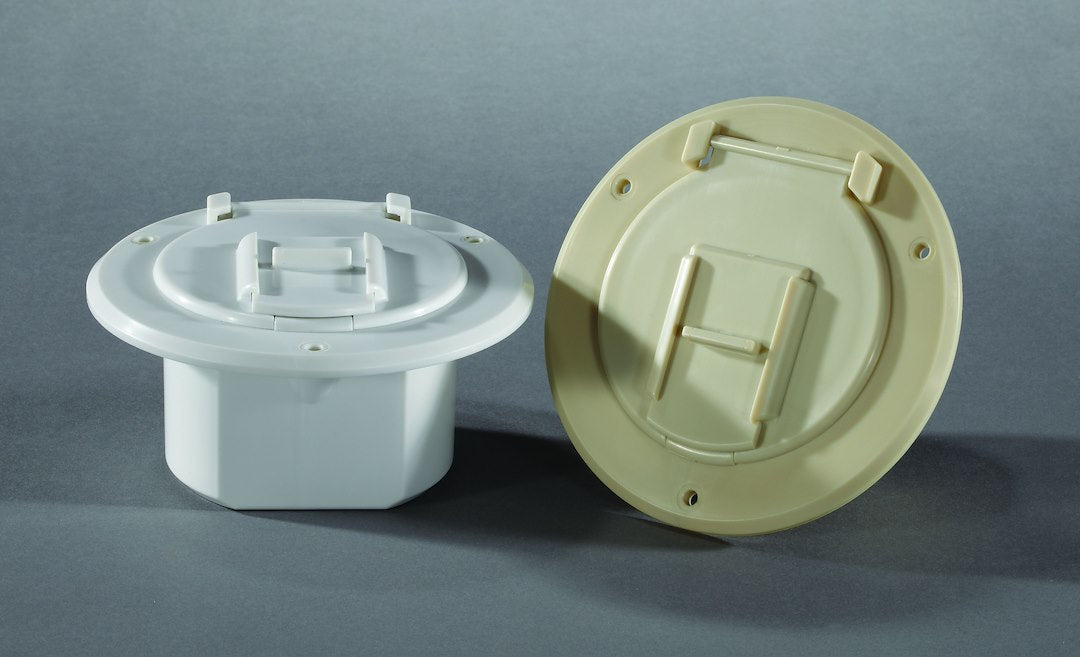 RV Designer Round Electrical Cable Hatch, 4.3" Diameter, Replaceable Lid, Colonial White, Model B122, Plastic