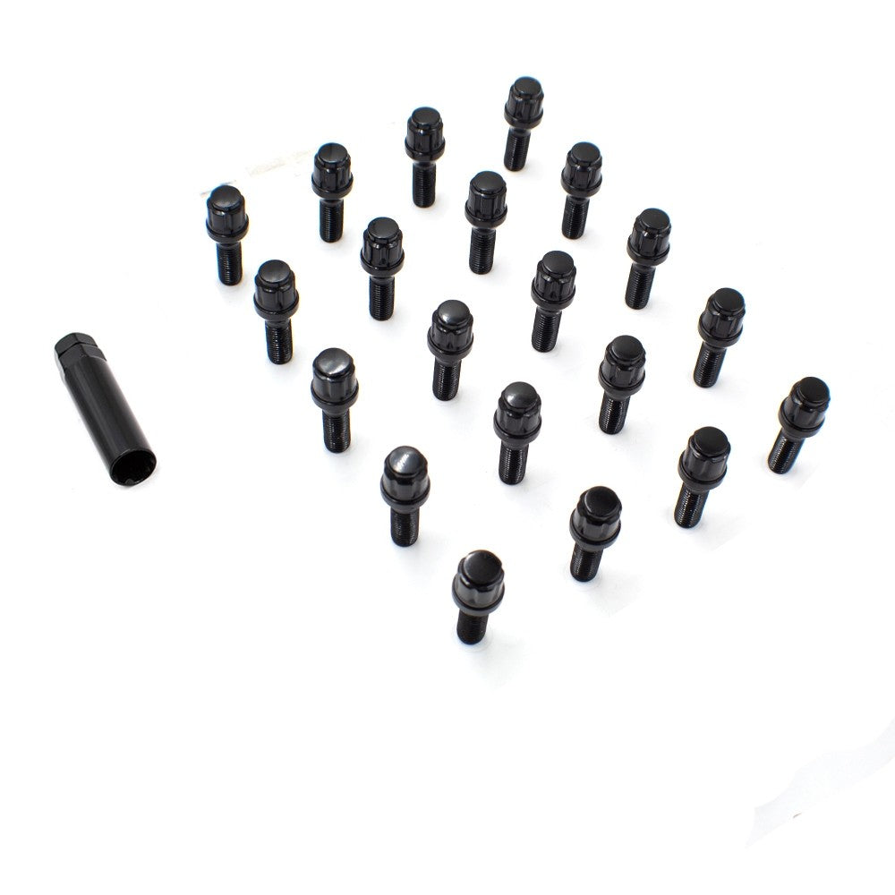 Wheel Accessories Parts Set Of 20 Black 14X1.25 Lug Bolts Locking Spline Conical Seat With 24 Mm Shank Length Lug Bolt With Dual Hex Key (24Mm, Black, 20 Pc)