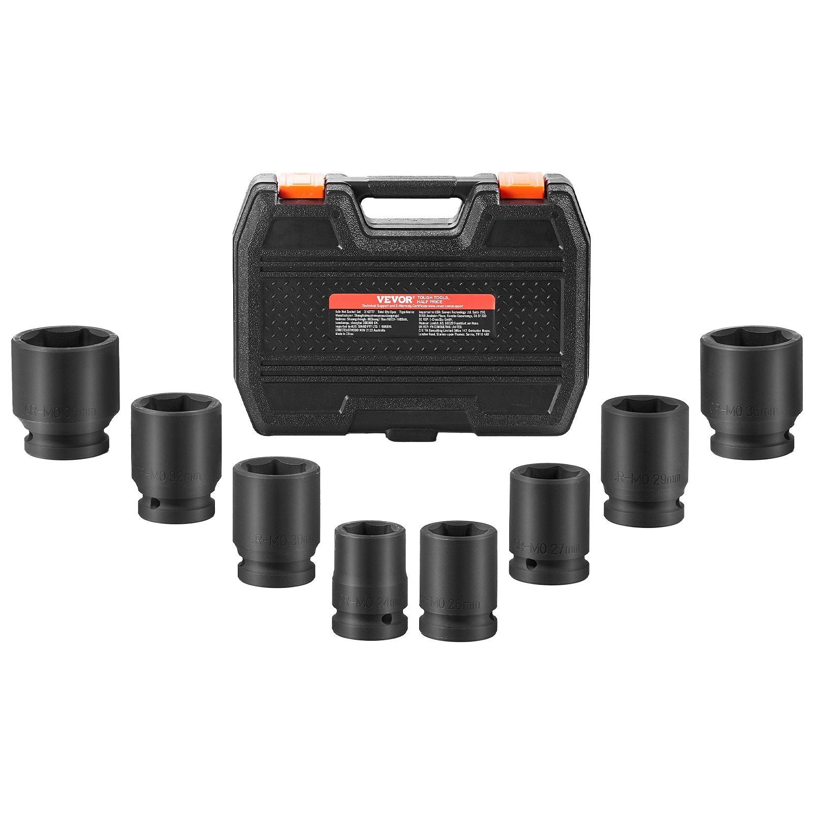 VEVOR Axle Nut Impact Socket Set 3/4 Drive 6-Point 8PCS Metric Spindle Socket