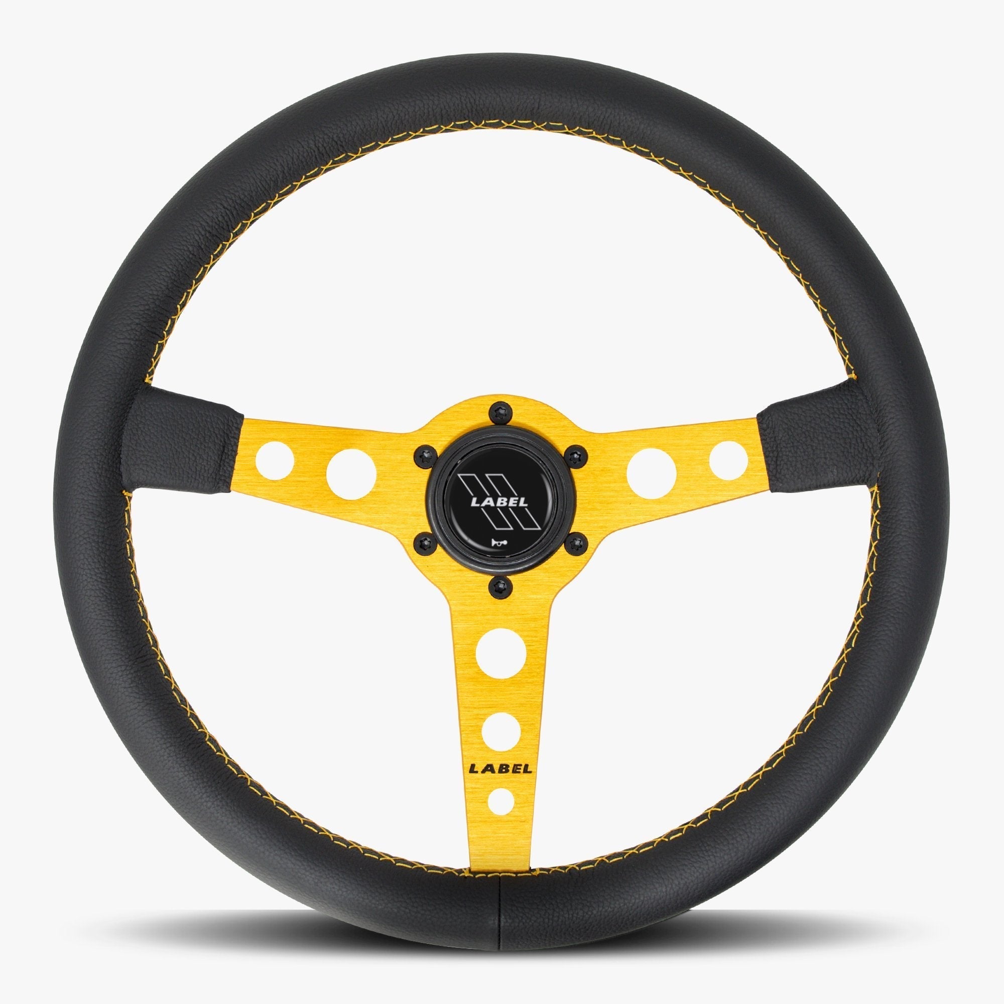 Label Gruppe Daytona 350mm Steering Wheel | Black Leather | Gold Spokes | Gold Stitch