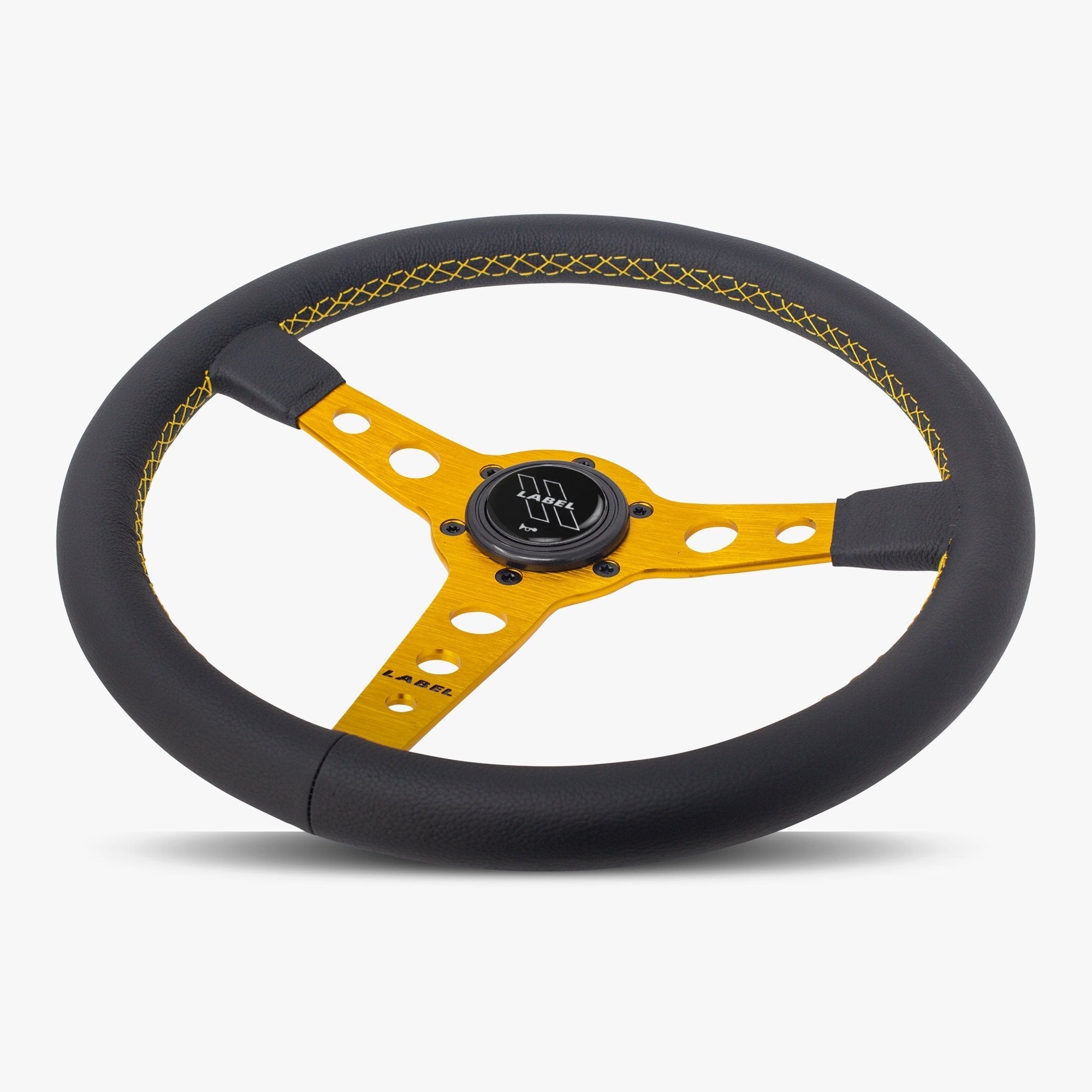 Label Gruppe Daytona 350mm Steering Wheel | Black Leather | Gold Spokes | Gold Stitch