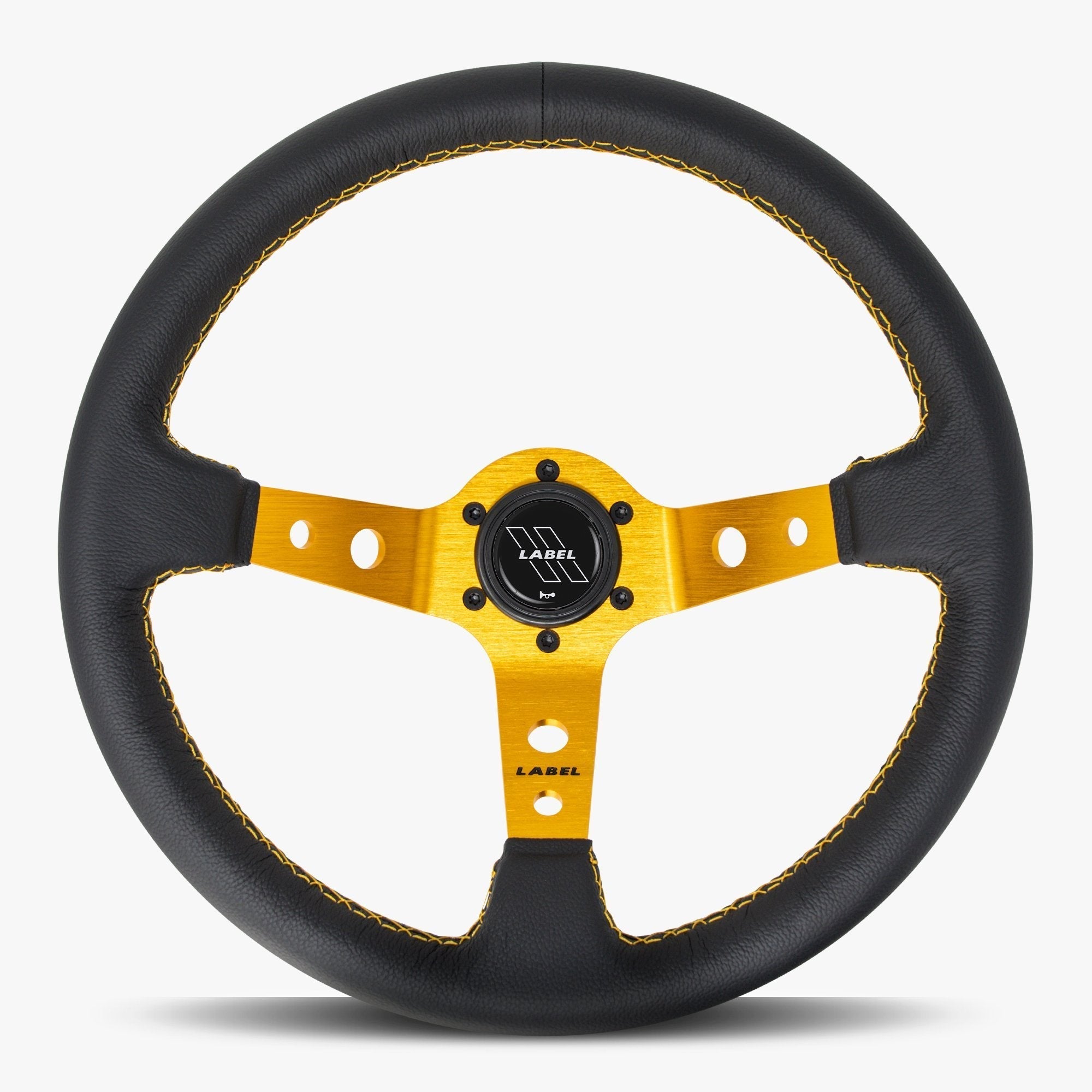 Label Gruppe Daytona 350mm Steering Wheel | Black Leather | Gold Spokes | Gold Stitch