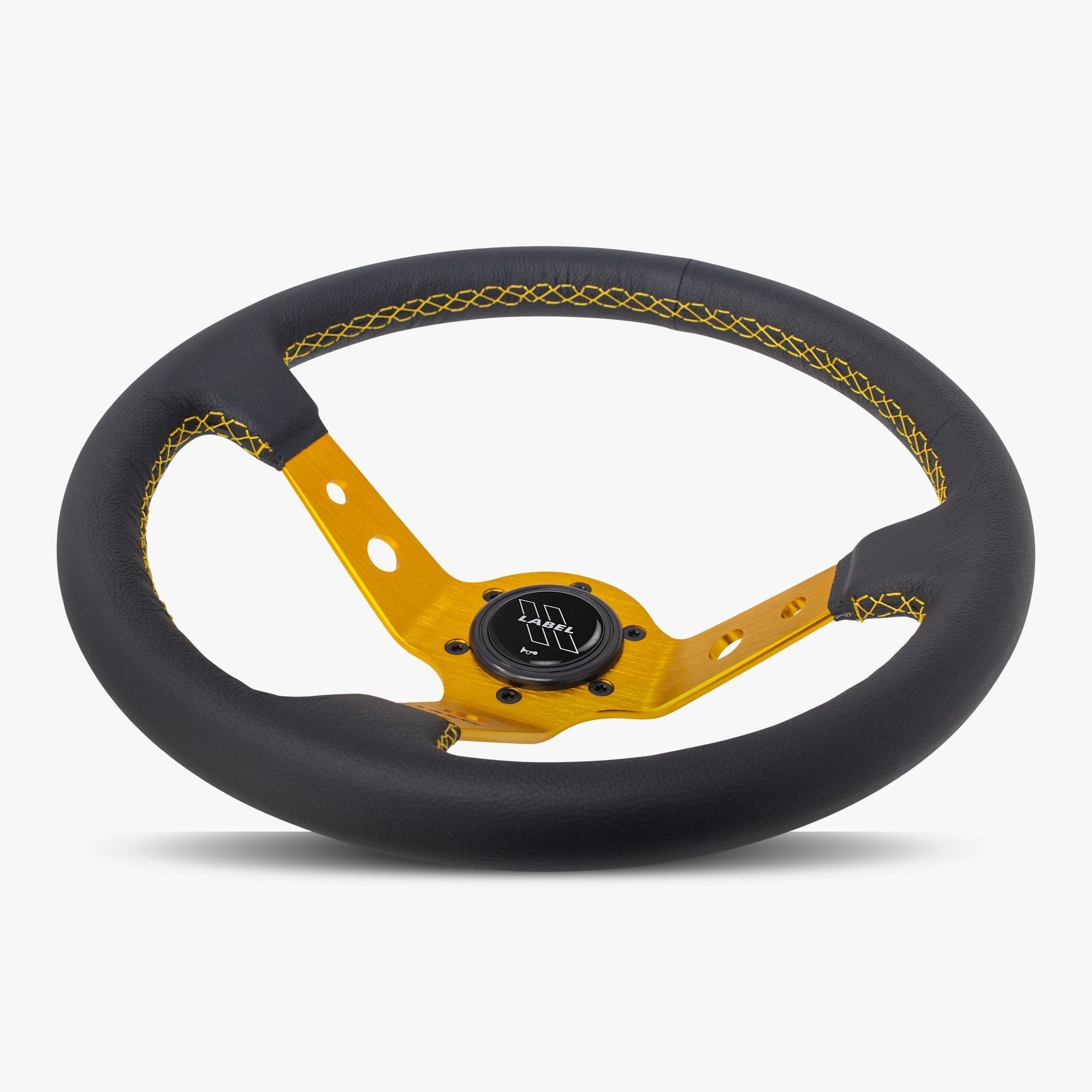 Label Gruppe Daytona 350mm Steering Wheel | Black Leather | Gold Spokes | Gold Stitch