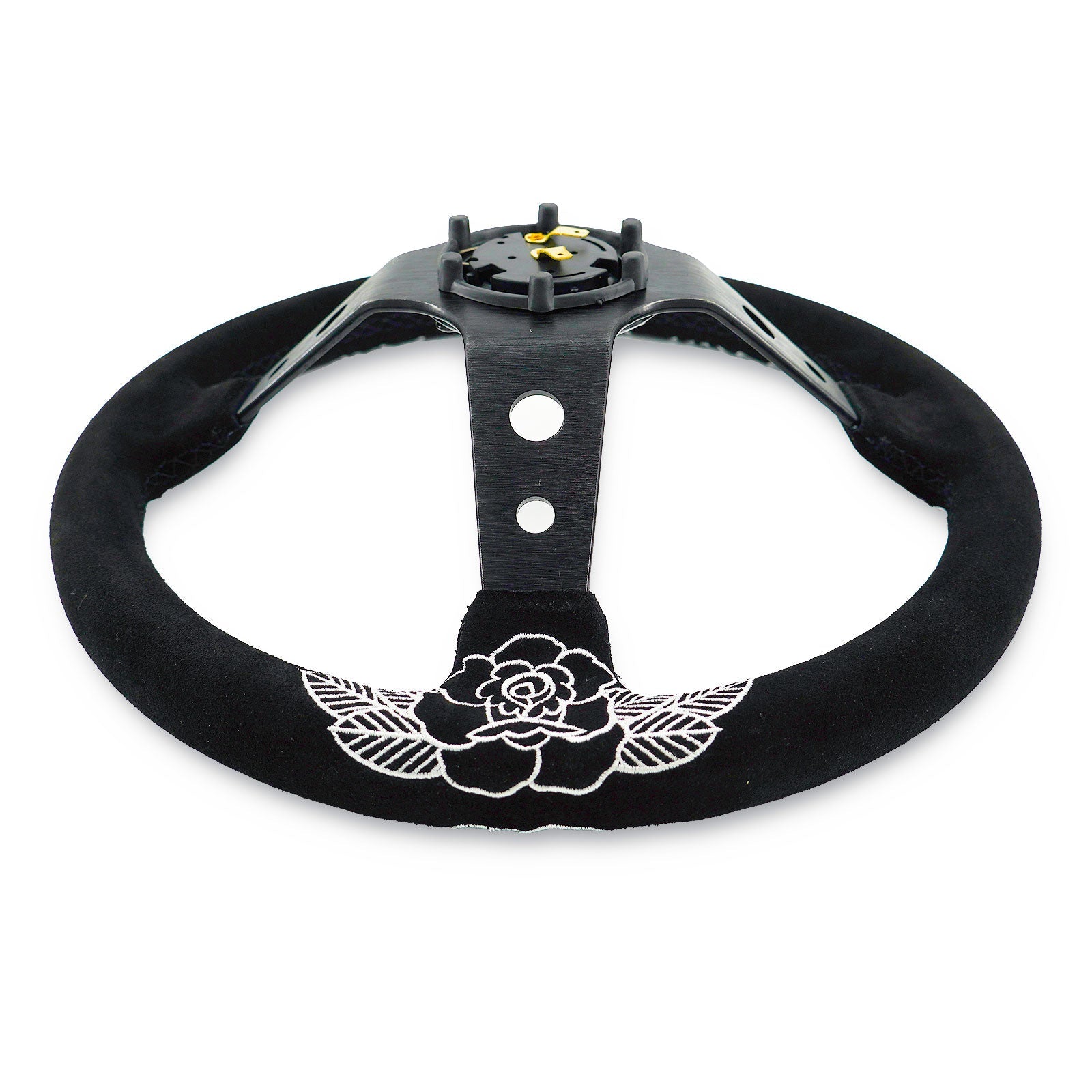 Custom Rose Universal 350mm 3" Deep Dish 6-Bolt Steering Wheel Black Suede Alcantara