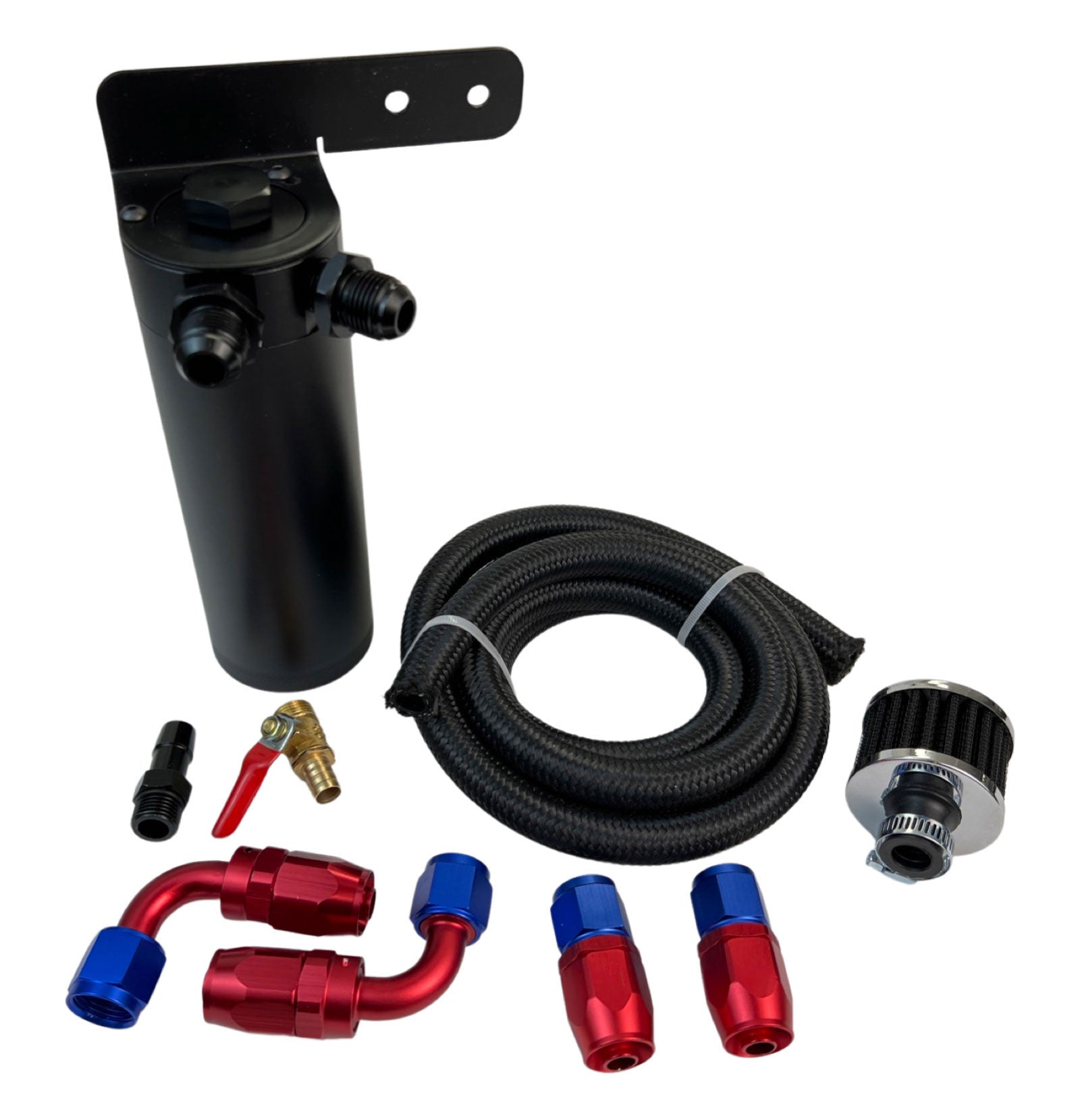 Red Universal Oil Catch Can XL 2Port -8AN + Mounting Bracket Kit + Filter 7.50z