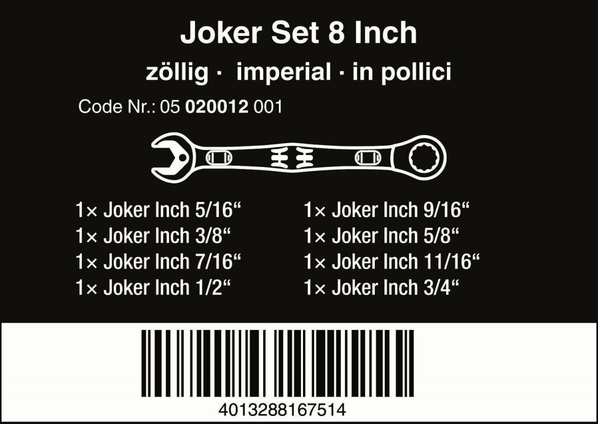 Wera 6000 Joker Ratcheting Combination Wrench Set 8 Piece SAE 05020012001