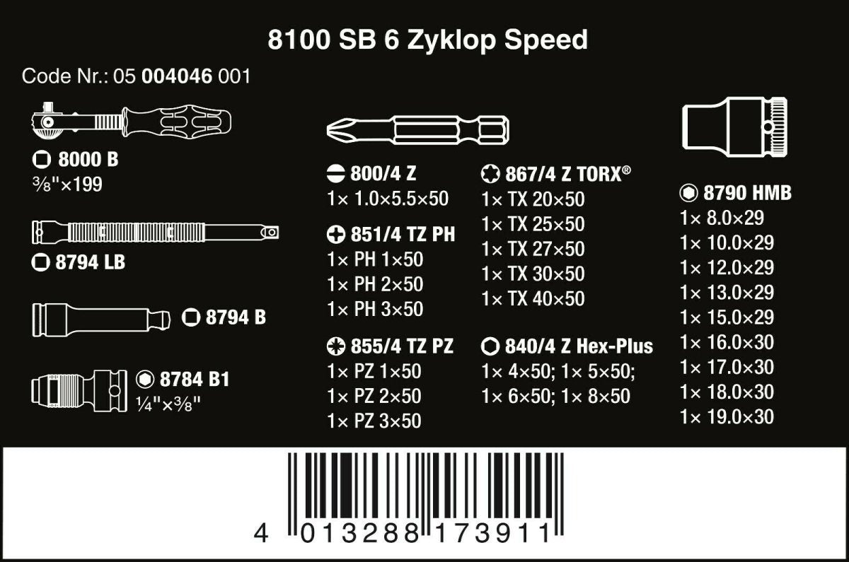 Wera 8100 SB 6 Zyklop Speed Ratchet Set 3/8" Drive Metric 29 Piece 05004046001