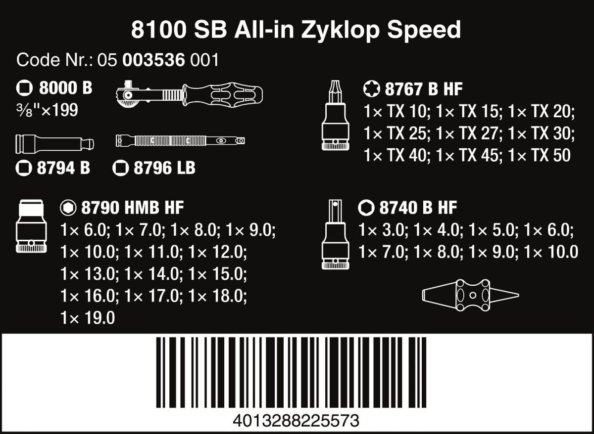 Wera 8100 SB All In Zyklop Speed Ratchet Set HF 3/8" Drive Metric 05003536001