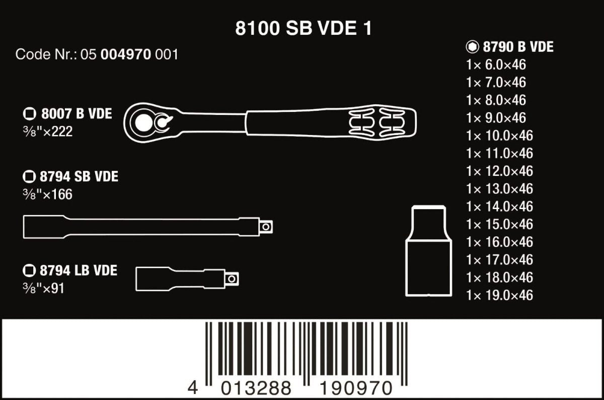 Wera 8100 SB VDE Insulated Socket Wrench Set 3/8" Drive 17 Pieces 05004970001