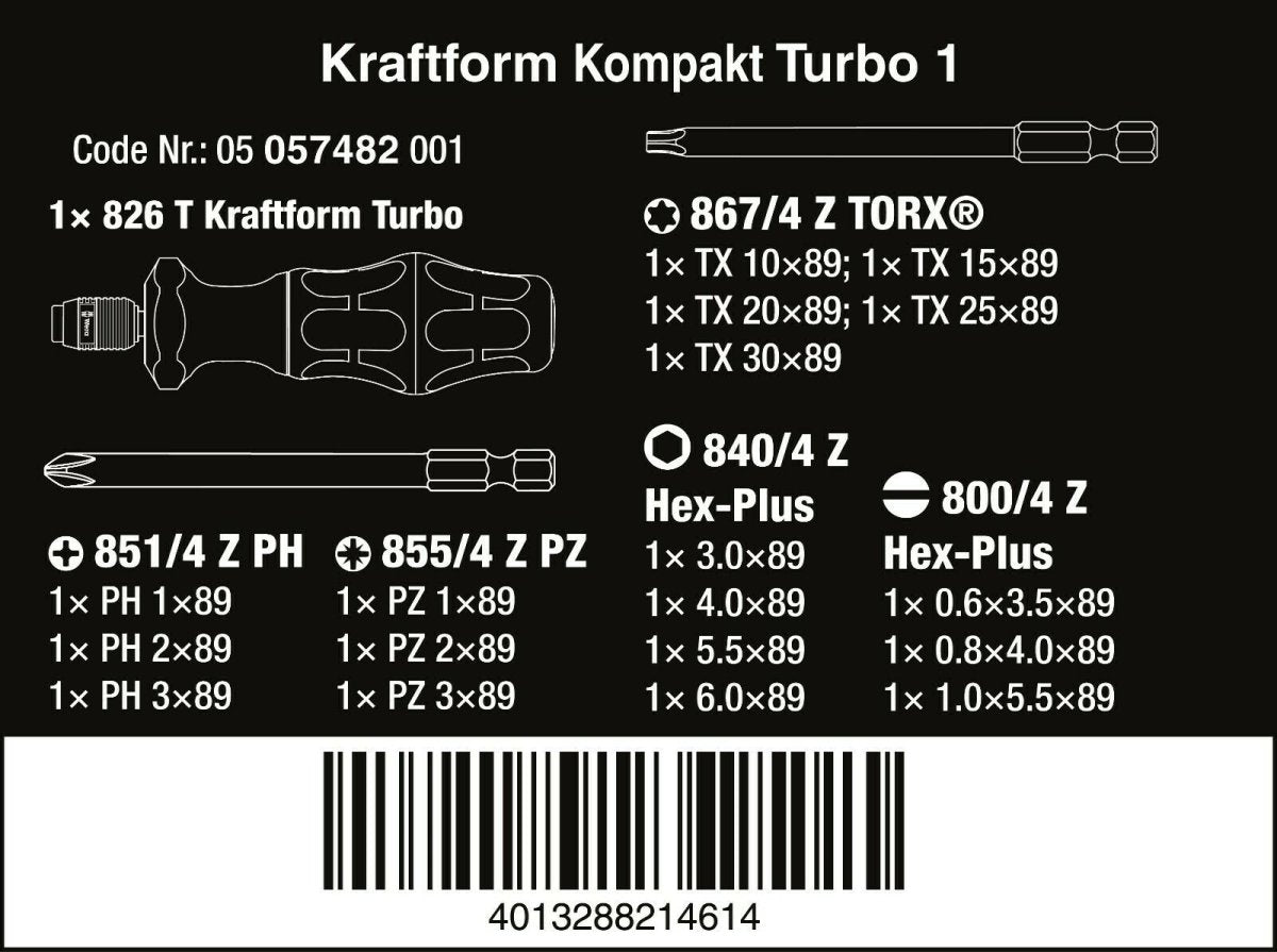 Wera 826 T Kraftform Kompakt Turbo 1 Screwdriver Set 19 Piece Metric 05057482001