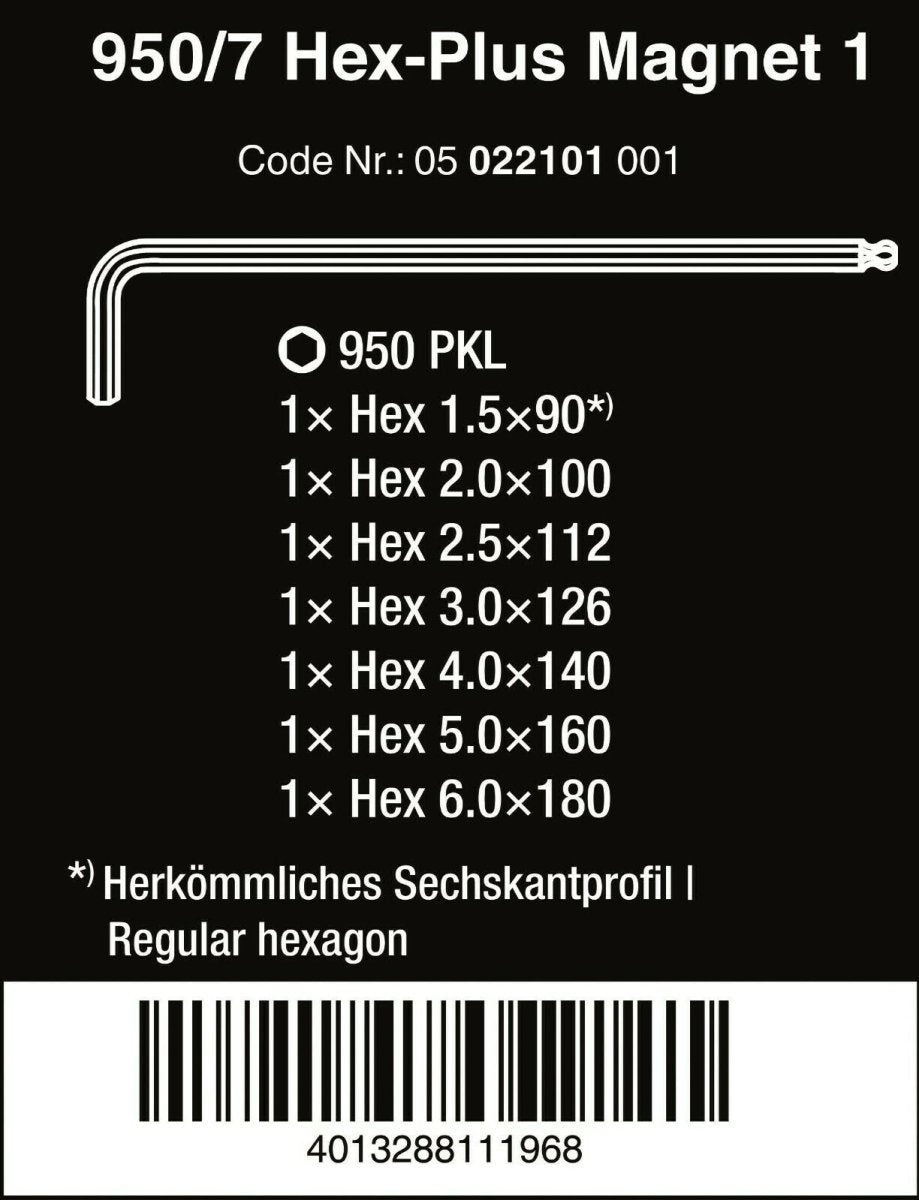 Wera 950/7 Hex-Plus Magnet 1 L-Key Set Chrome Plated Metric 7 Pieces 05022101001