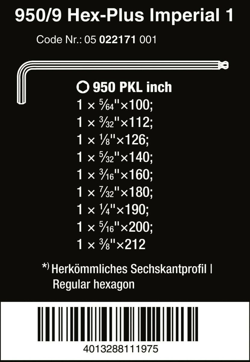 Wera 950/9 Hex-Plus 1 L-Key Set Imperial 9 Pieces 05022171001