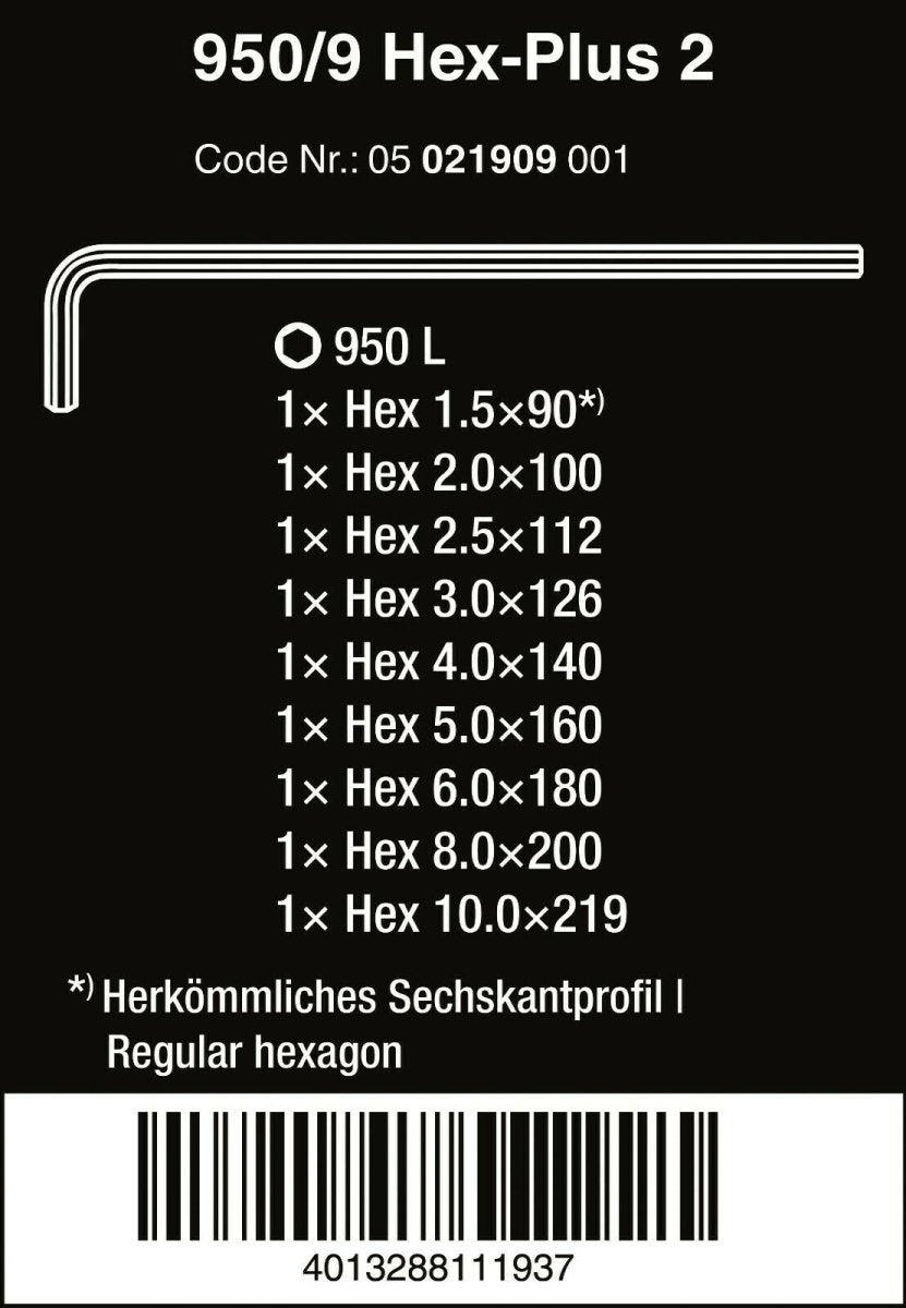 Wera 950/9 Hex-Plus 2 L-Key Set Chrome Plated Metric 9 Pieces 05021909001