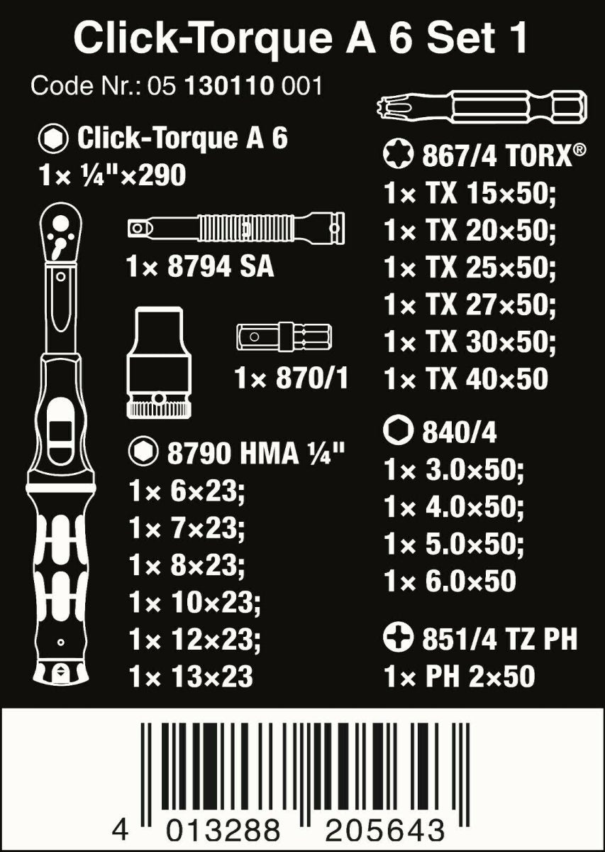 Wera A6 Click-Torque Wrench Set 2.5 to 25 Nm 1/4" Drive 20 Pieces 05130110001