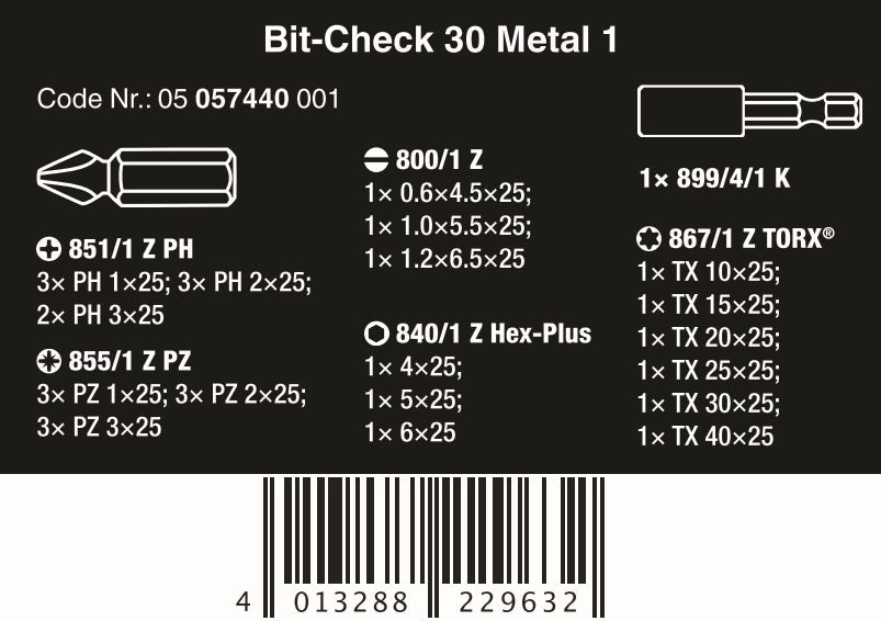 Wera Bit-Check 30 Metal 1 SB Screwdriver Bit Set 05057440001