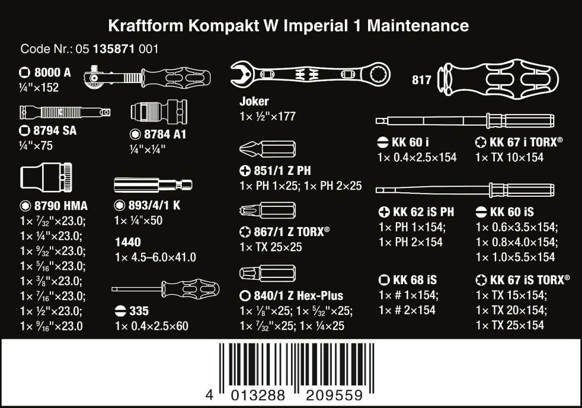 Wera Kraftform Kompakt Maintenance W1 USA Set SAE 35 Pieces 05135871001