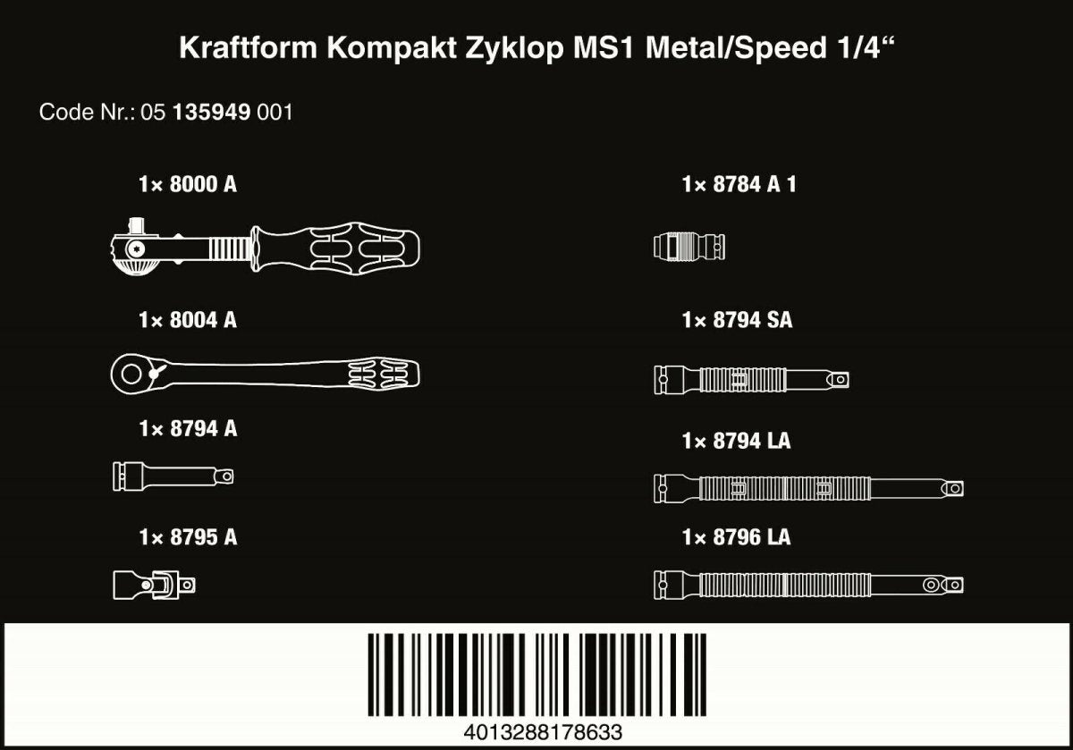 Wera Kraftform Kompakt Zyklop MS1 Metal Speed Socket Wrench Set 1/4" 05135949001